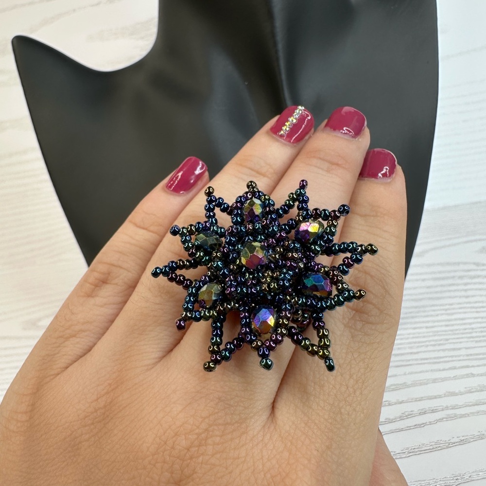 New‎ handmade Iridescent Beaded Statement Ring stretchy back